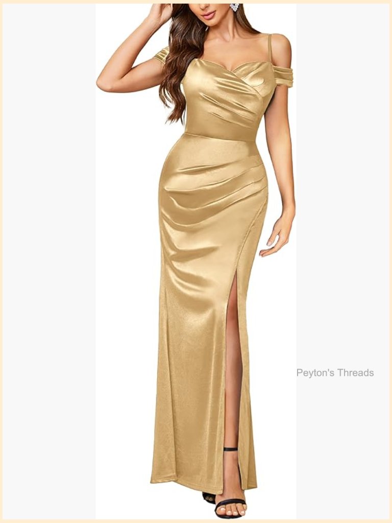 Off Shoulder Satin High Split Ruched Maxi Dress